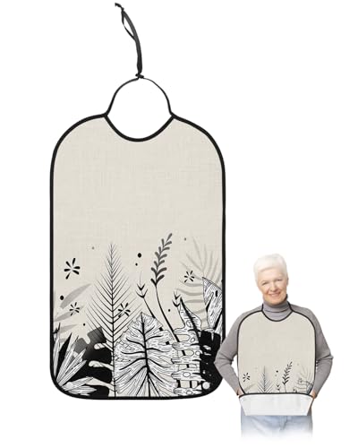 LEOKOTI Black Botanical Adult Bibs for Eating, Waterproof Bibs with Food Catcher & Adjustable Snap Closure, Summer Palm Leaf Tropical Rustic Washable Clothing Protectors Adult Bibs for Elderly