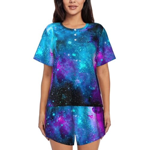 Pyjama 2 pièces violet femme avec poches ensemble de nuit col rond manches courtes