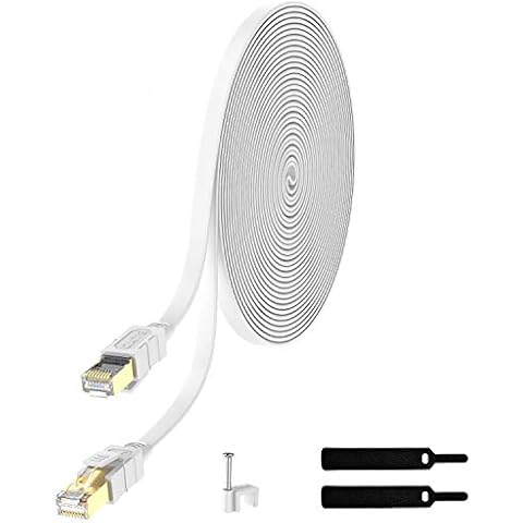 Lovicool Cat 8 Ethernet Cable 50ft, Flat Internet LAN Patch Cord White Shielded High Speed, 26AWG 40Gbps 2000Mhz SFTP with Gold Plated RJ45 Weatherproof S/FTP UV Resistant for Router/Gaming/Modem Cover