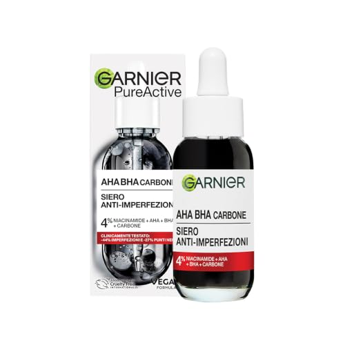 Garnier Siero Anti-imperfezioni, Per Pelle Grassa, Impura e Mista,Contrasta Punti Neri e Brufoli, Formula Vegana* con 4% [Niacinamide + AHA + BHA], Siero Pure Active AHA+BHA con Carbone, 30 ml