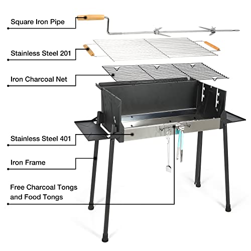 Grande barbecue a carbone con affumicatore offset, portatile e regolabile, con tavolini pieghevoli e tavolo in materiale