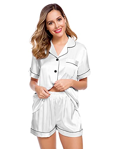 Image of LecGee Womens Silk Satin Pajamas Short Sleeve Loungewear Two-Piece Sleepwear Button-Down Pj Set