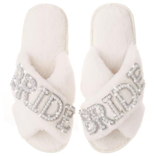 Bride Slippers for Wedding Day White Fuzzy Slippers with Pearls for Bachelorette Party Bridal Shower Gifts
