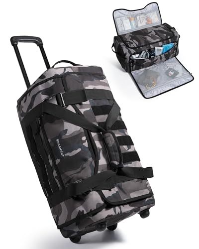 BAGSMART Rolling Duffle Bag with Wheels, Tactical Carry on Luggage, Travel Bag Gym Duffel for Men Women, Duffel with PVC Wet Pocket, Camouflage