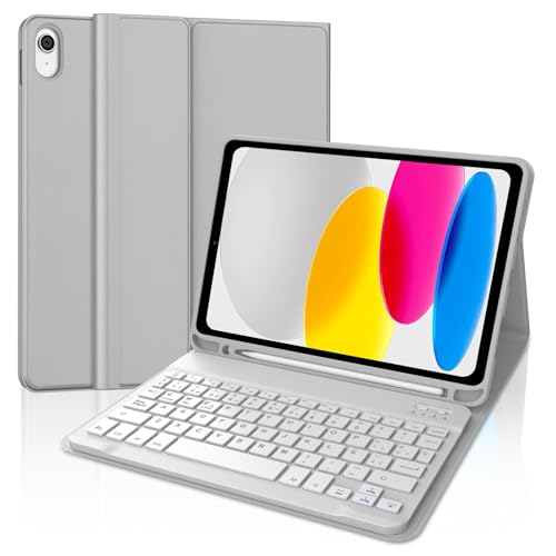 SENGBIRCH Teclado iPad A16 11/10 Generación (2025/2022), Funda Teclado para iPad 10 Gen 10.9/11 Generación 11 Pulgadas, Español Ñ Bluetooth Magnéticamente con Despetar/Dormir Auto Funda, Gris Claro