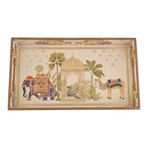 Image of Wooden Serving Tray with Gold Engraving | Set of 1 | Size :14 x 8 inch | Enamel Coated Waterproof | Rectangular | Decorative Trays | Royal Camel Medium