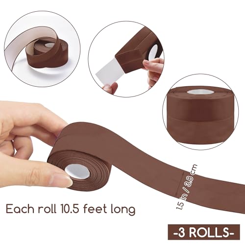 Image of 3 Rolls 1.5 Inch Caulk Tape Self Adhesive Toilet Caulking Strip Bathroom Sealing Caulk Strip Peel and Stick Bathtub Caulking Tape, 10.5 Feet Each Roll (Brown)