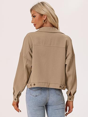Allegra K Women's Waffle Shacket Jacket Drop Shoulder Pockets Collared Shirt Jackets4