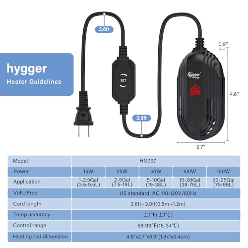 Image of hygger Small Aquarium Heater, 15W Submersible Betta Fish Tank Heater with Adjustable Temperature External Controller, Turtle Heater with LED Display for up to 2.5 Gallon Tanks