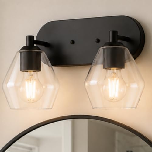 Image of Emak Black Bathroom Light Fixtures Over Mirror, 2-Light Vanity Light with Clear Glass Shade, Modern Farmhouse Vanity Lights for Bathroom, VL129-BK-CG-2