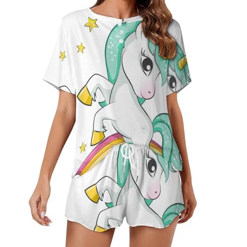 Pyjama licorne bleue ensemble court femme sleepwear vêtements nuit été