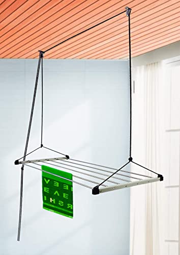 Image of VIMART Stainless Steel Heavy Duty Ceiling Cloth Dryer, UV Protected Nylon Ropes dropdown Ceiling Clothes Dryer Stand (Steel) (6 Pipes x 6 Feet)