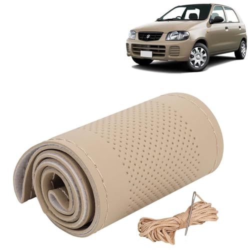 Image of KINGSWAY PU Leatherite Car Steering Cover Sewable Compatible with Maruti Suzuki Alto 800 (Year 2000-2012), Beige Color with Beige Thread, Pack of 1 with Sewing Needle and Thread