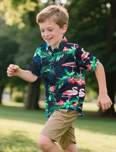 Yoimira Hawaiian Shirts for Boys, Button Down Short Sleeve Tropical Print, Kids Summer Beachwear Tops 7-14 Years3