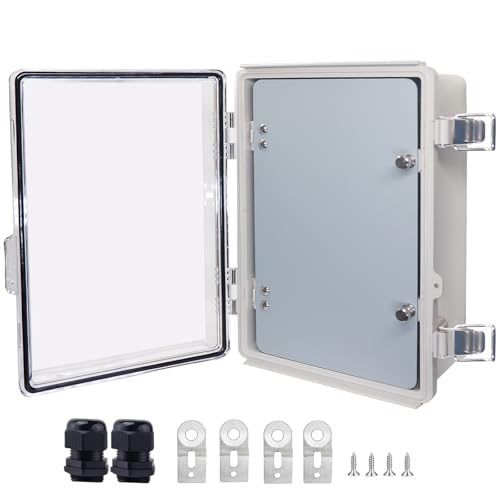 IP67 Waterproof Junction Box with Inner Door, ABS Plastic Electrical Enclosure with Stainless Steel Latch, Hinged Cover Electric Box with Mounting Plate, Wall Brackets &amp; Cable Glands 290x190x140