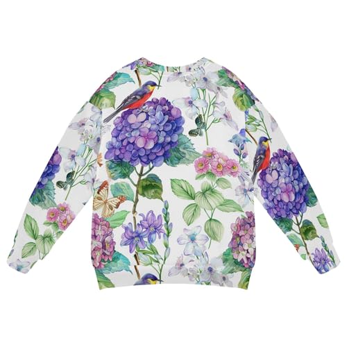 JUNZAN Watercolor Blue Flowers Birds Butterfly Big Boys Sweatshirts Hoodies Crewneck Outerwear for Kids Camping 4T2