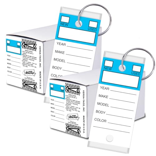Image of Versa-Tags Blue Stripe Self-Protecting Key Tags with Chrome-Plated Split Rings, 500 Count Automotive Dealership Key Tags for Car Truck RV Inventory & Service Organization