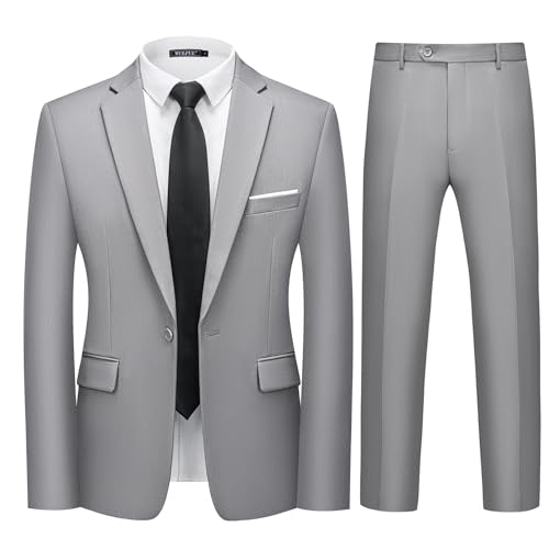 WULFUL Men's 2 Piece Slim Fit Suit Set One Button Blazer Jacket Pants Tuxedo Set for Party, Wedding and Business Light Gray
