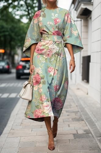 TIAFORD Women's Spring Summer Elegant Floral Print Empire Waist Dress Casual Cute Crew Neck Loose Half Sleeve Maxi Dresses2