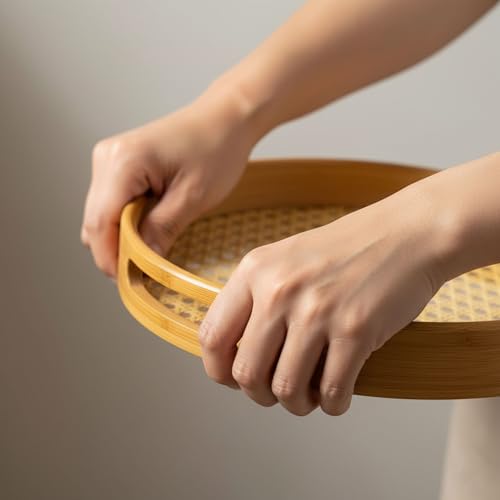 Image of Curated Cart Bamboo Serving Tray with Cut-Out Handles - Rattan Cane Woven Base - Eco-Friendly Rustic Tray for Coffee Table, Breakfast, Kitchen, Bathroom Decor - Lightweight, Durable - Round - 25cm