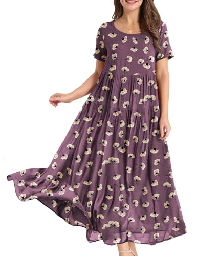 Image of YESNO Women Casual Loose Bohemian Floral Dress with Pockets Short Sleeve Long Maxi Summer Beach Swing Dress EJF