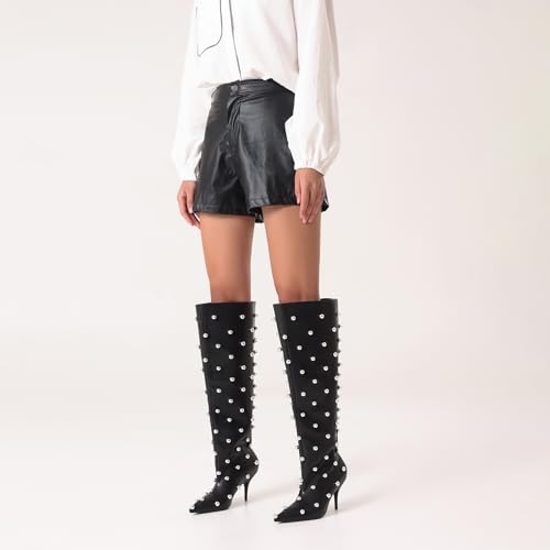 Wide Calf Boots for Women 3.4 Inch Stiletto Heels Knee High Pointed Toe Studded Black Pull On Fashion Tall Boots Y2K Style Comfortable3