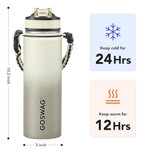 Image of GOSWAG 24oz Insulated Stainless Steel Travel Water Bottle, 2 Lids | with straw and no straw, Paracord handle, Double-wall vacuum keeps drinks cold or hot, Leakproof tumbler