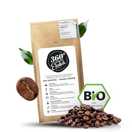 360° Premium Bio Kaffeebohnen 250g, 100{85e2ae476b6ab82351bb963fd3910ebc8245bfcf33a49ecf5d1ba99c1c426dca} Honduras Hochland Arabica Kaffeebohnen Bio - Köstlich, mild, säurearm - Bio Kaffee ganze Bohnen - Ideal als Kaffeebohnen Vollautomat - 360° Rundum Ehrlich