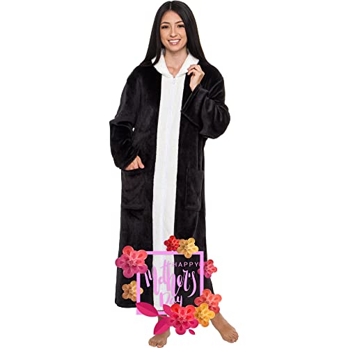 Silver Lilly Womens Sherpa Trim Fleece Robe Zip Up - Luxury Long House Coat (Black, Large-X-Large) #TOP23