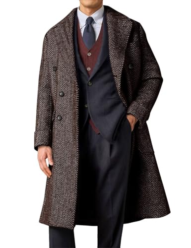 Image of Mens Herringbone Tweed Dark Brown Slim Fit Notched Collar Double Breasted Classic Business Pea Top Coat Wool Blend Overcoat Size XS