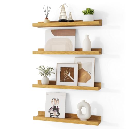 Fun Memories Picture Ledge Shelves, Floating Shelves 24 Inch Long, Set of 4, Picture Shelf with Ledge, Rustic Photo Ledge Shelves Display Shelves Storage Shelves Nursery Book Shelves, Oak Color