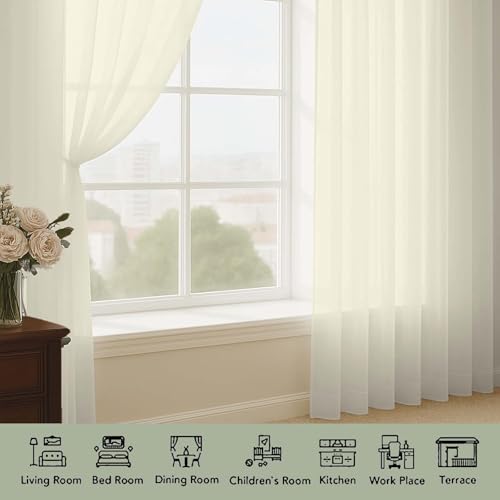 Image of OWENIE Extra Long Cream Sheer Curtains 96 Inches Long 2 Panels Set, Soft Lightweight Airy Voile Sheer Curtain for Bedroom Living Room, Rod Pocket Solid Color Farmhouse Curtains, 59 inch Wx96 L Inch