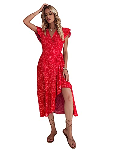 SheIn Women s Polka Dots Wrap Midi A Line Dress Ruffle Hem Tie Side Long Dresses Red Large