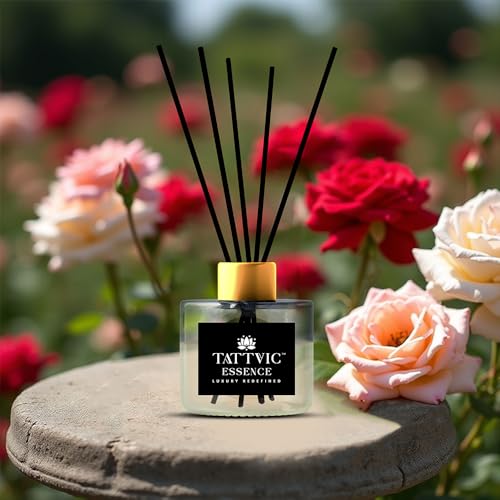 Image of Rose & Oud Reed Diffuser Set by Tattvic Essence | 6 Fiber Reed Sticks Free | Stress Relief & Aromatherapy | Long-Lasting, Smoke-Free Air Freshener for Bedroom & Bathroom | Ideal for Gifting | 120ml
