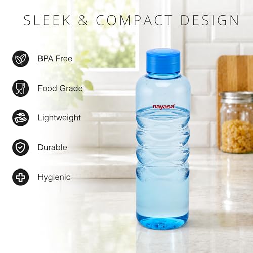Image of Nayasa Revello 1000 ML Pet Plastic Fridge Water Bottles Set of 6 | BPA Free | Leak Proof | Airtight Lid | Blue
