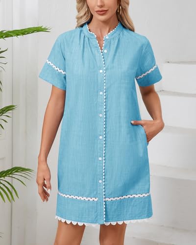 Image of Women's Summer Shirt Dress Short Sleeve Button Down Mini Tie Waist Belted Tunic with Pockets RIC Rac Trim