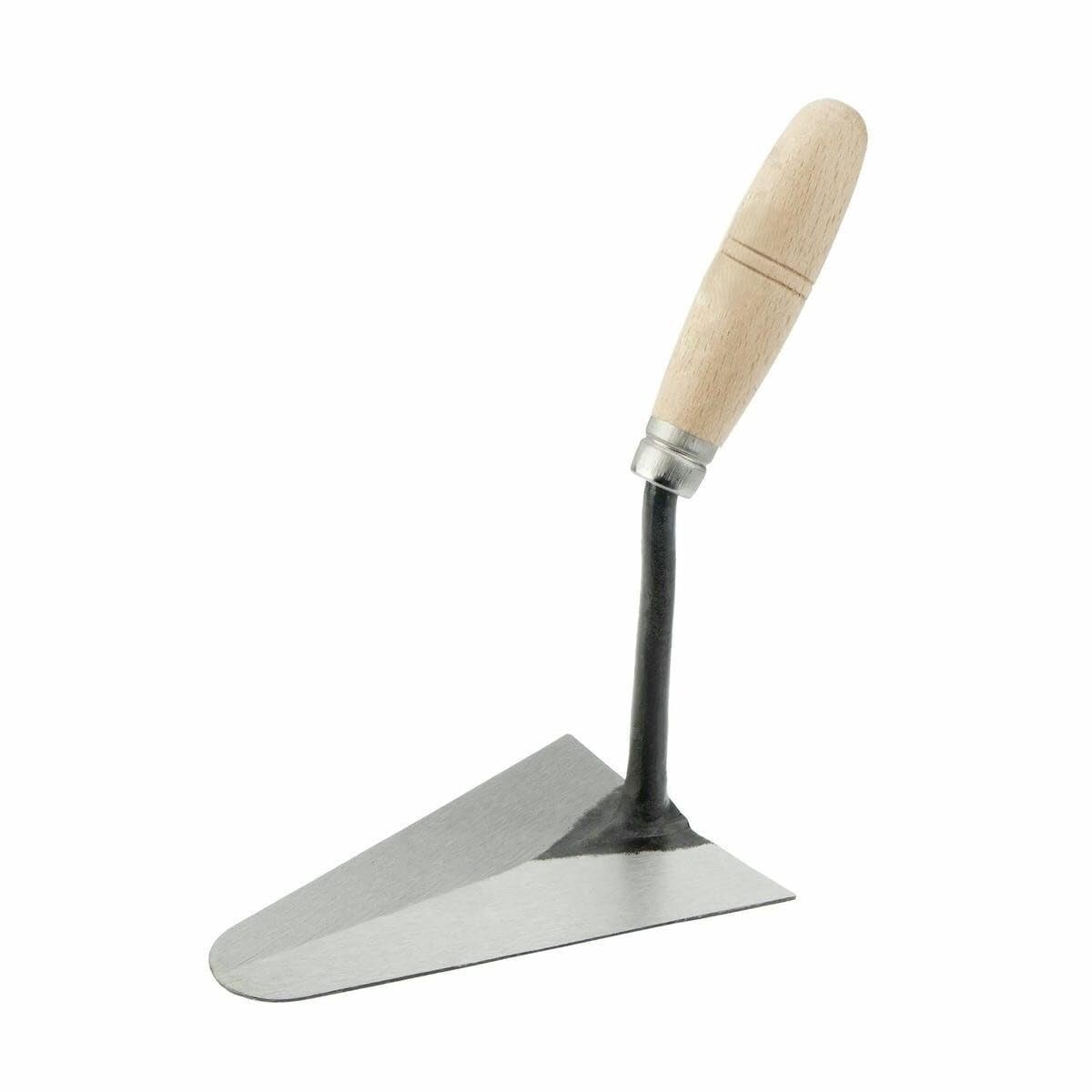 Paleta albañil 180x125mm, acero resistente, mango ergonómico, ideal para mezclar y aplicar mortero en construcción.