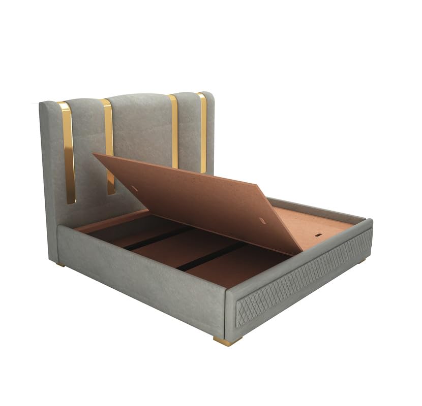 Image of STRATA FURNITURE Solid Wood Queen Size Bed with Box Storage and Upholstered Headboard | Modern Wooden Double Bed Cot Palang Furniture for Bedroom, Hotels, Living Room, and Home (Grey)