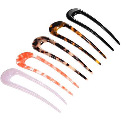 Canomo 5 Pieces Sturdy U-shaped Hair Pins Stick U Shape Cellulose Acetate Tortoise Shell Chignon Pin for Women Girls Hairstyles, 5 Colors