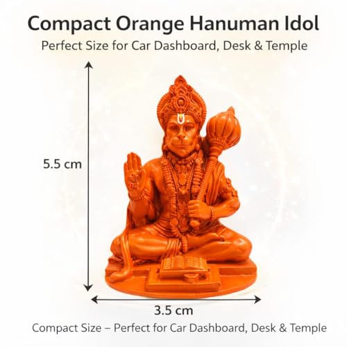 Image of Yadava Orange Hanuman Ji Idol with Double Sided Adhesive Sticker for Home Temple & Car Dashboard | Hanuman Murti with Gada | Powerful Hanuman Statue for Strength, Courage & Protection (Orange)
