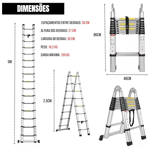 Escada Telescópica Extensiva de Alumínio Dobrável, 5m, 16 Degraus, para Uso Interno e Externo