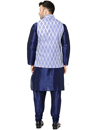 Image of SAIFOO Men's Silk Navy Blue Kurta Pyjama & Printed Nehru Jacket