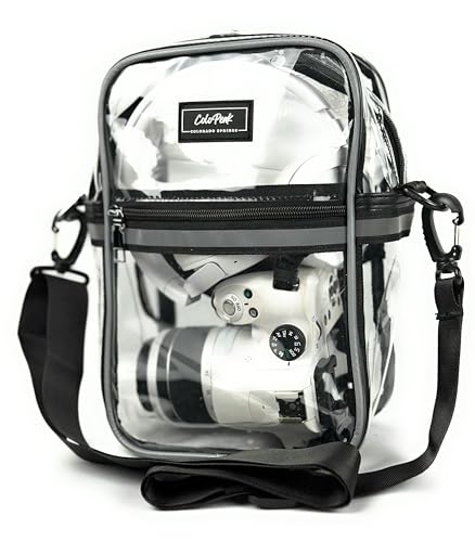 ColoPeak Amazonian 1.0 Clear Bag for Women and Men with Pocket, Plastic Crossbody Bag, Stadium Approved Transparent bag for Concert, 0.4mm PVC, Reflective (Black)