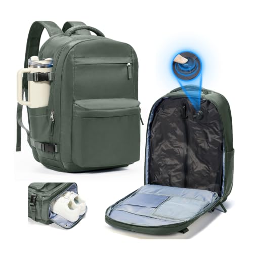 Image of suradar Vacuum Backpack Travel with Pump,Travel Backpack with One Button Vacuum System Vacpack Sealed Compression Airbag Women Carry on Flight Approved Laptop Backpack Space Saver Bags Dark Green
