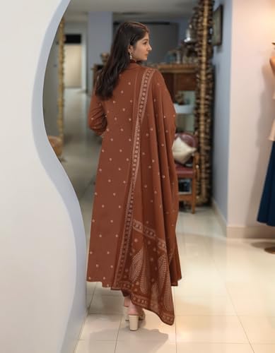Image of ANNI Designer Women's Rayon Viscose Printed Embroidered Anarkali Kurta with Pant & Dupatta | Ethnic Kurti Set with Embroidery | Soft Comfortable Fabric | Stylish Outfit for Festive, Office