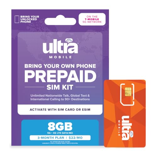 Image of Ultra Mobile 8GB Prepaid SIM Kit, 3-Month Plan on the T-Mobile 5G Network | Unlimited calling to 90+ international destinations, U.S. talk, global text, hotspot, Wi-Fi Calling, keep your phone & number
