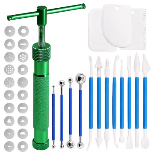 Image of Professional 35 Pcs Clay Extruder Tool Kit, Stainless Steel Fondant & Sugar Paste Extruder with 20 Pattern Discs, Ball Stylus Tools & Plastic Scrapers for Cake Decorating (Green)