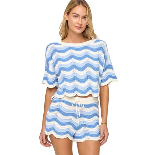 L*Space Make Waves Sweater for Women, Knit Top with Scalloped Hem, Oversized Fit, Loose Short Sleeve Top, Made of 100% Cotton