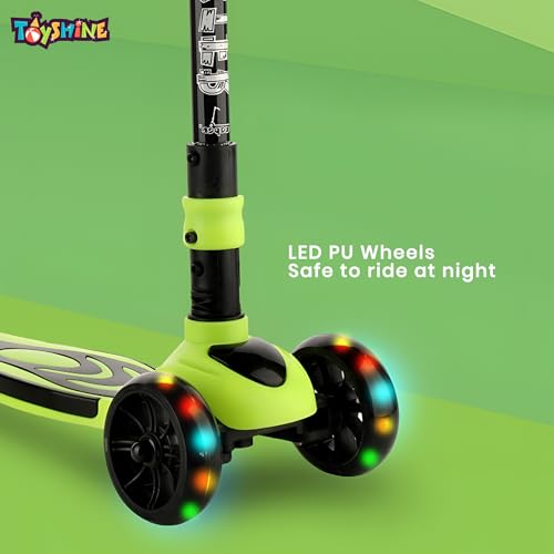 Image of Toyshine 3 Wheel Rooster LED Wheels Runner Scooter with Anti Slip ABS Base Aluminium Structure Height Adjustable Handlebar Max Load 45kg for Kids Boys Girls - Green