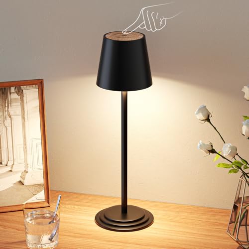 Bonsery Tischlampe Kabellos, LED Akku Aufladbar Tischleuchte Dimmbare, Outdoor Touch Lampe Nachttischlampe mit Holzmaserung, Tischlampe Wasserdicht für Schreibtisch Restaurant Schlafzimmer Bar